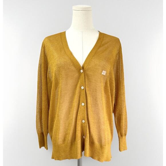 LOFT NWT Metallic Viscose Cardigan Sweater Women L Retro Orange Gold Lightweight - Picture 1 of 13